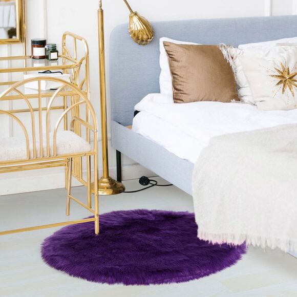 Faux Fur Round Rug Fluffy Area Rugs for Bedroom 2 x 2 Feet Purple - Picture 2 of 6